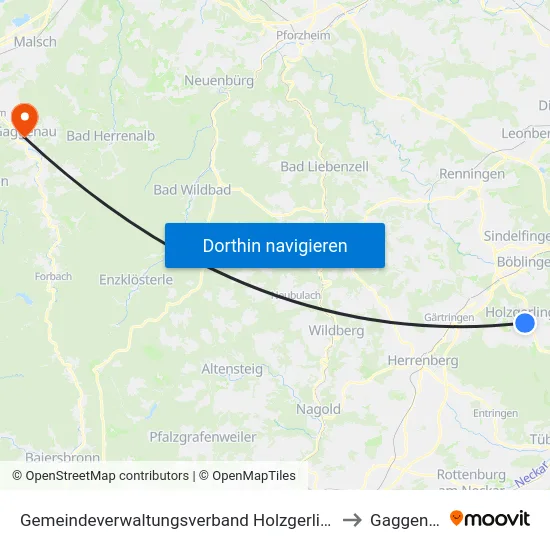 Gemeindeverwaltungsverband Holzgerlingen to Gaggenau map