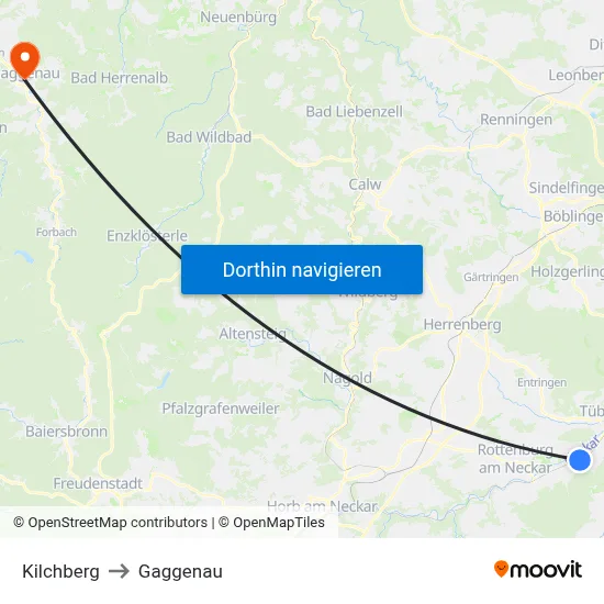 Kilchberg to Gaggenau map
