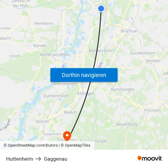 Huttenheim to Gaggenau map