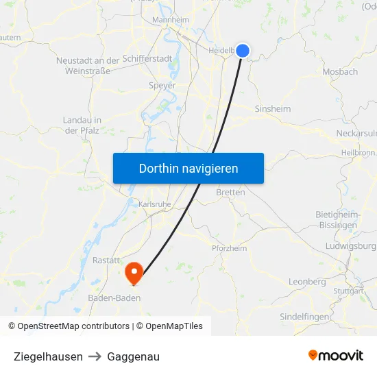 Ziegelhausen to Gaggenau map