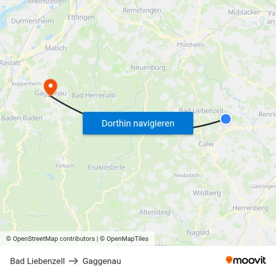 Bad Liebenzell to Gaggenau map