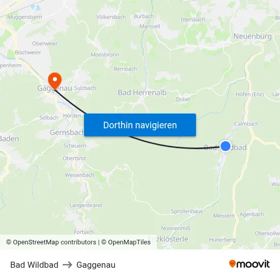 Bad Wildbad to Gaggenau map