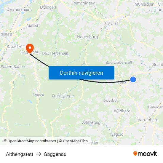 Althengstett to Gaggenau map