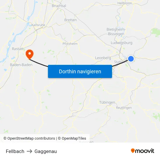 Fellbach to Gaggenau map