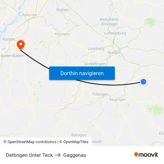 Dettingen Unter Teck to Gaggenau map