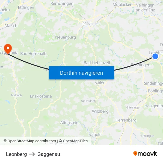 Leonberg to Gaggenau map