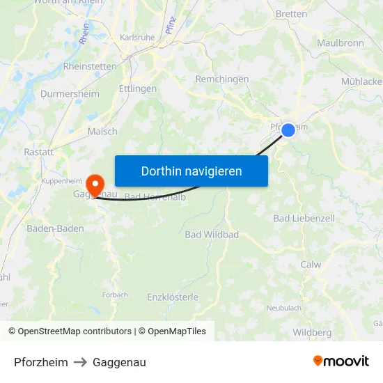 Pforzheim to Gaggenau map