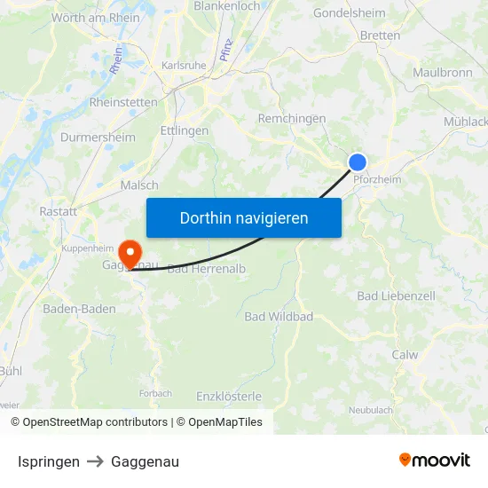 Ispringen to Gaggenau map