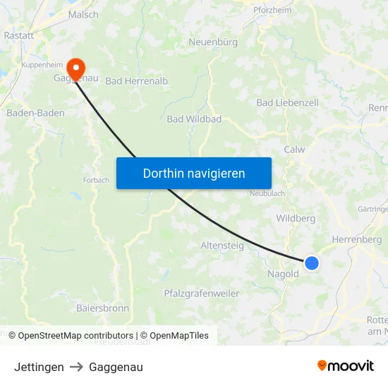 Jettingen to Gaggenau map