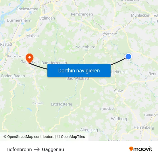 Tiefenbronn to Gaggenau map