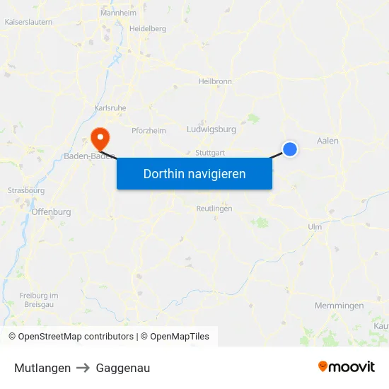 Mutlangen to Gaggenau map