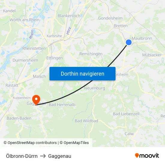 Ölbronn-Dürrn to Gaggenau map