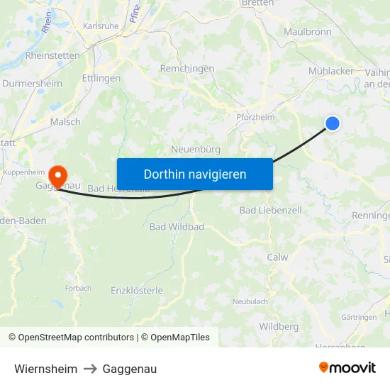 Wiernsheim to Gaggenau map