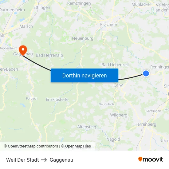 Weil Der Stadt to Gaggenau map