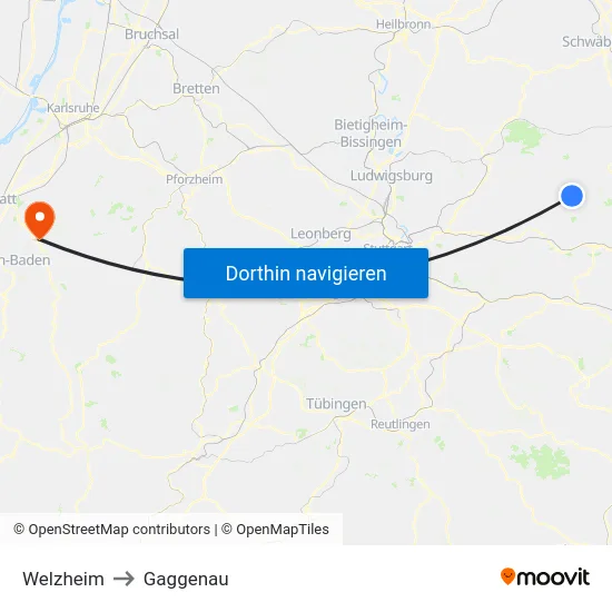 Welzheim to Gaggenau map
