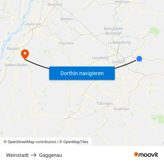 Weinstadt to Gaggenau map
