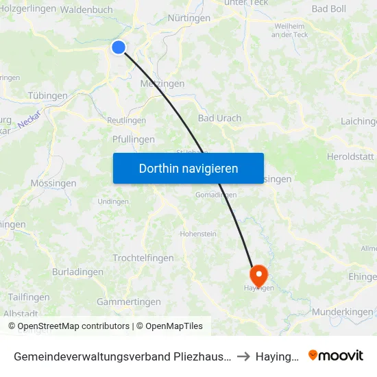Gemeindeverwaltungsverband Pliezhausen to Hayingen map
