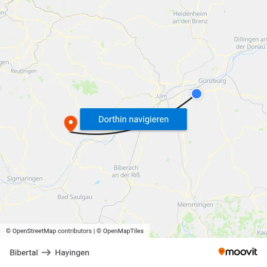 Bibertal to Hayingen map