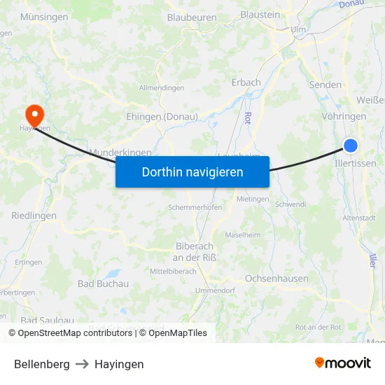 Bellenberg to Hayingen map