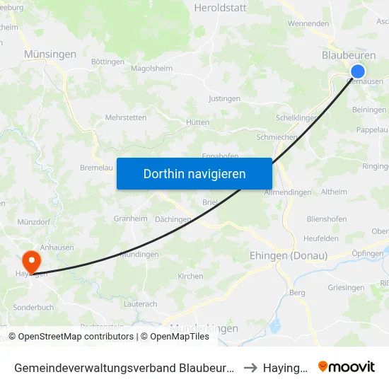 Gemeindeverwaltungsverband Blaubeuren to Hayingen map