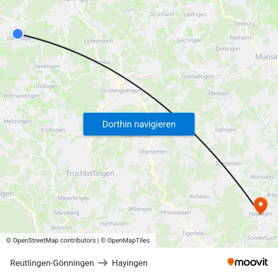 Reutlingen-Gönningen to Hayingen map