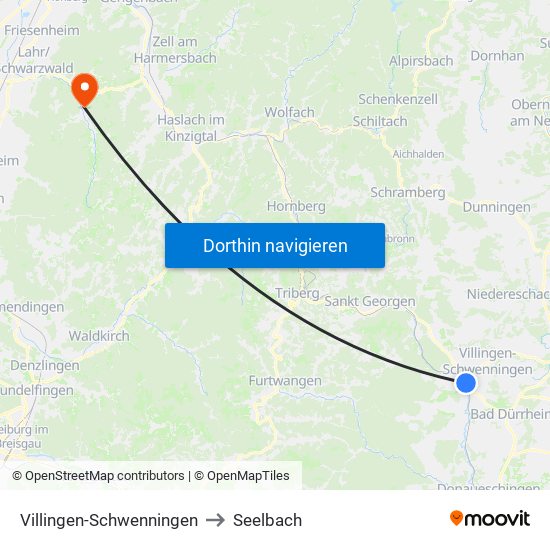 Villingen-Schwenningen to Seelbach map
