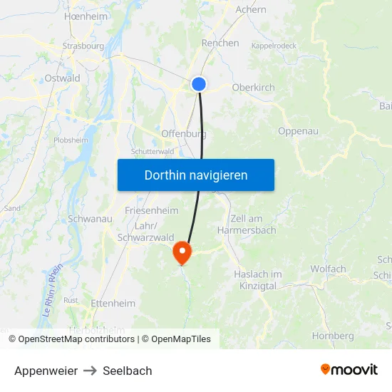 Appenweier to Seelbach map