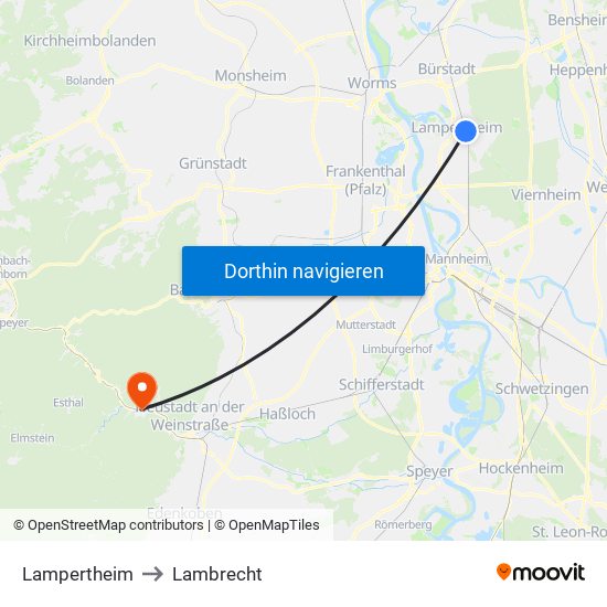 Lampertheim to Lambrecht map