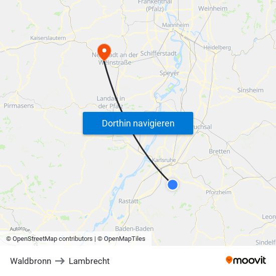 Waldbronn to Lambrecht map
