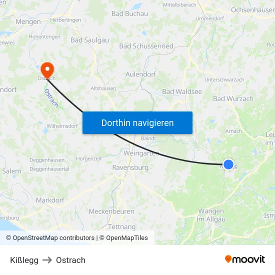 Kißlegg to Ostrach map