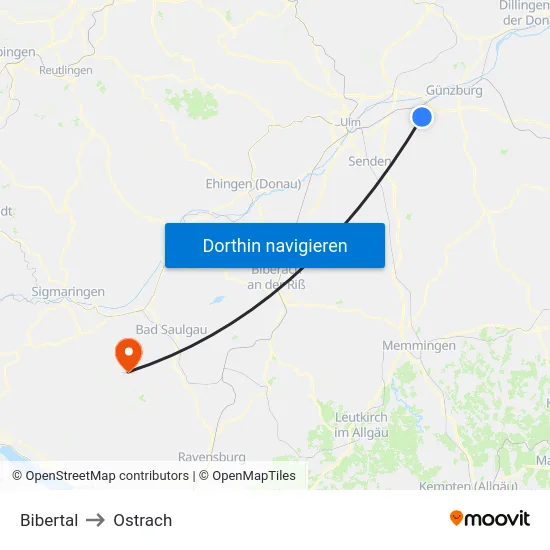 Bibertal to Ostrach map