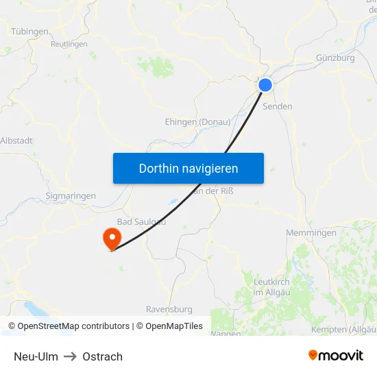 Neu-Ulm to Ostrach map