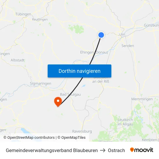 Gemeindeverwaltungsverband Blaubeuren to Ostrach map