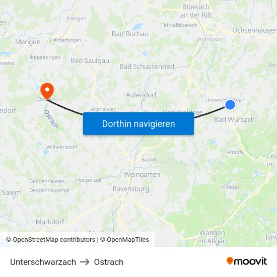 Unterschwarzach to Ostrach map