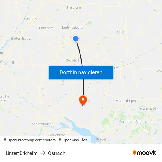 Untertürkheim to Ostrach map