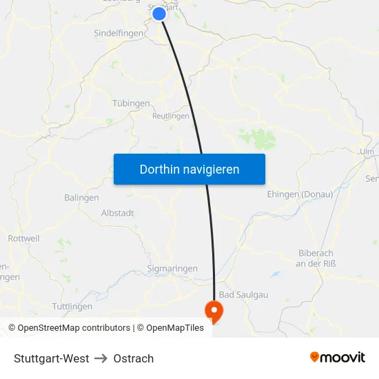 Stuttgart-West to Ostrach map