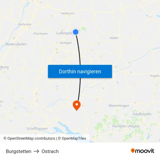 Burgstetten to Ostrach map