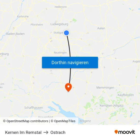 Kernen Im Remstal to Ostrach map