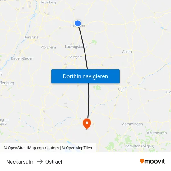 Neckarsulm to Ostrach map