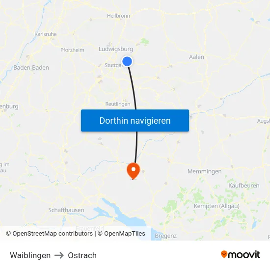 Waiblingen to Ostrach map