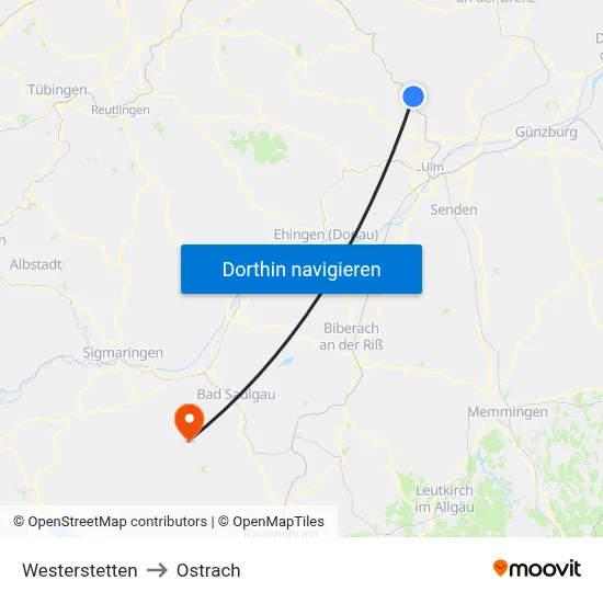 Westerstetten to Ostrach map
