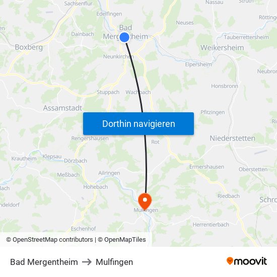 Bad Mergentheim to Mulfingen map