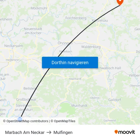 Marbach Am Neckar to Mulfingen map