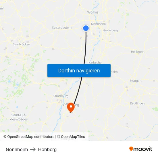 Gönnheim to Hohberg map