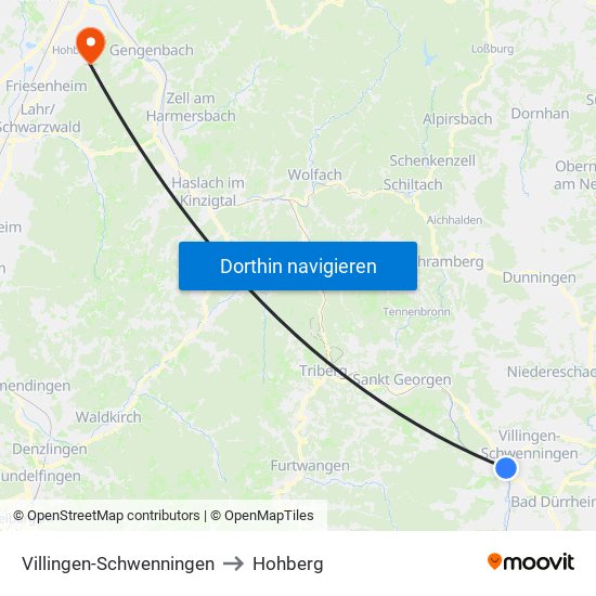 Villingen-Schwenningen to Hohberg map
