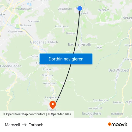 Marxzell to Forbach map