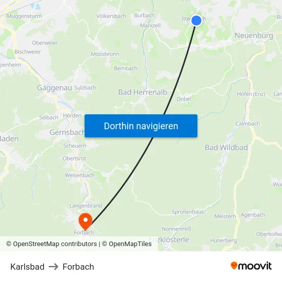 Karlsbad to Forbach map