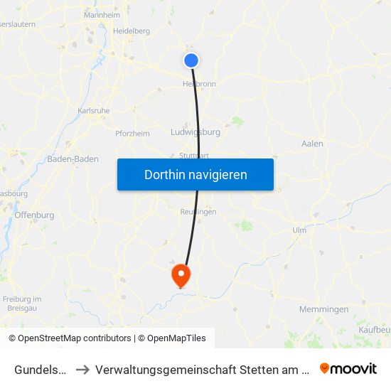 Gundelsheim to Verwaltungsgemeinschaft Stetten am Kalten Markt map