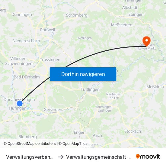 Verwaltungsverband Donaueschingen to Verwaltungsgemeinschaft Stetten am Kalten Markt map