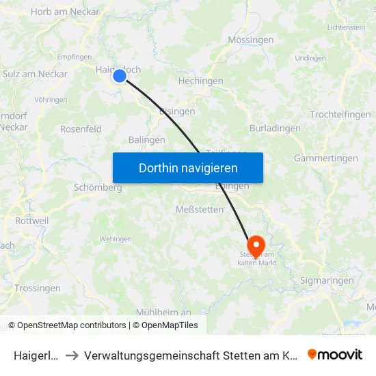 Haigerloch to Verwaltungsgemeinschaft Stetten am Kalten Markt map